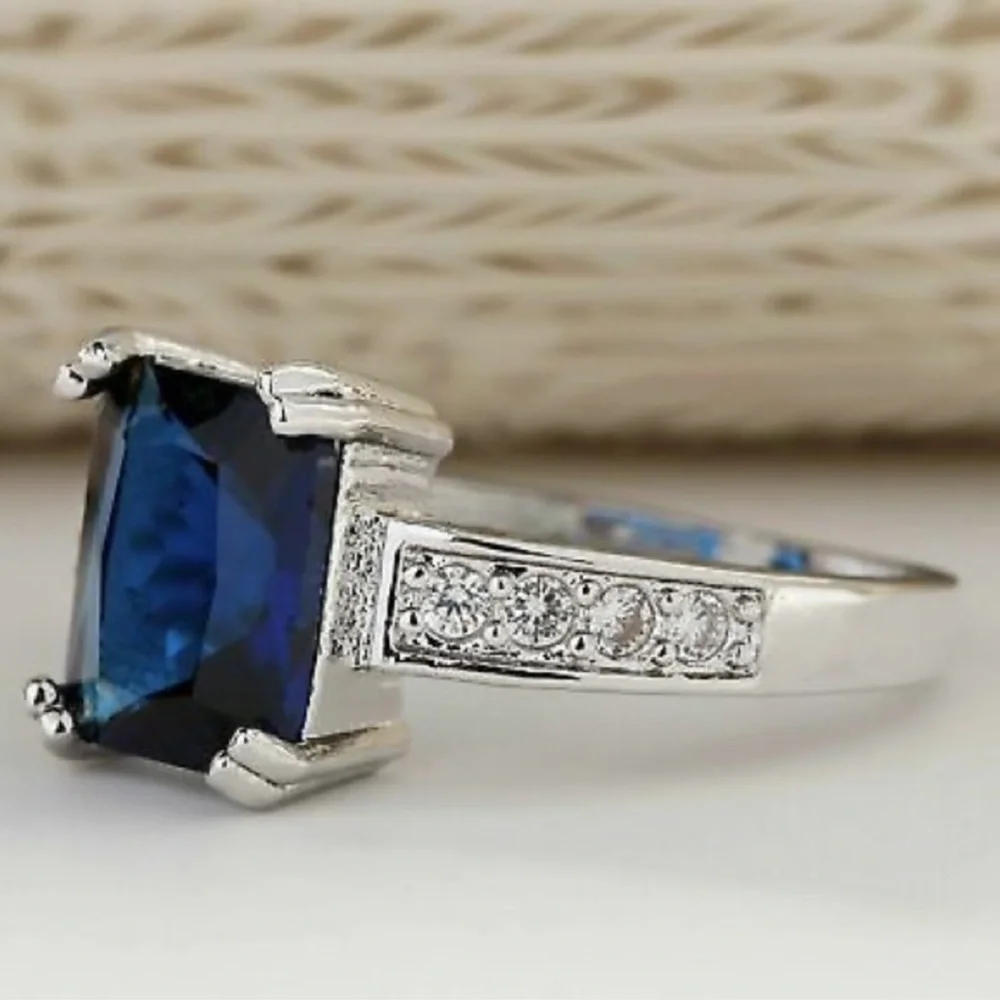 New Natural 3.58CT London Blue Topaz 8 Diamond 14K White Gold Hallmarked Ring